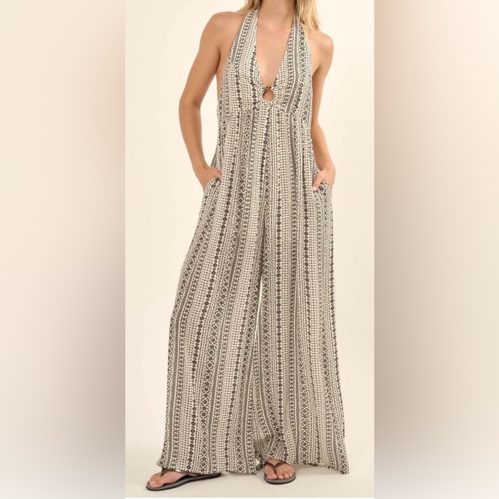 Promesa Far From Home Geo-Print O-Ring Haltered Jumper Wide Leg Women’s Size L